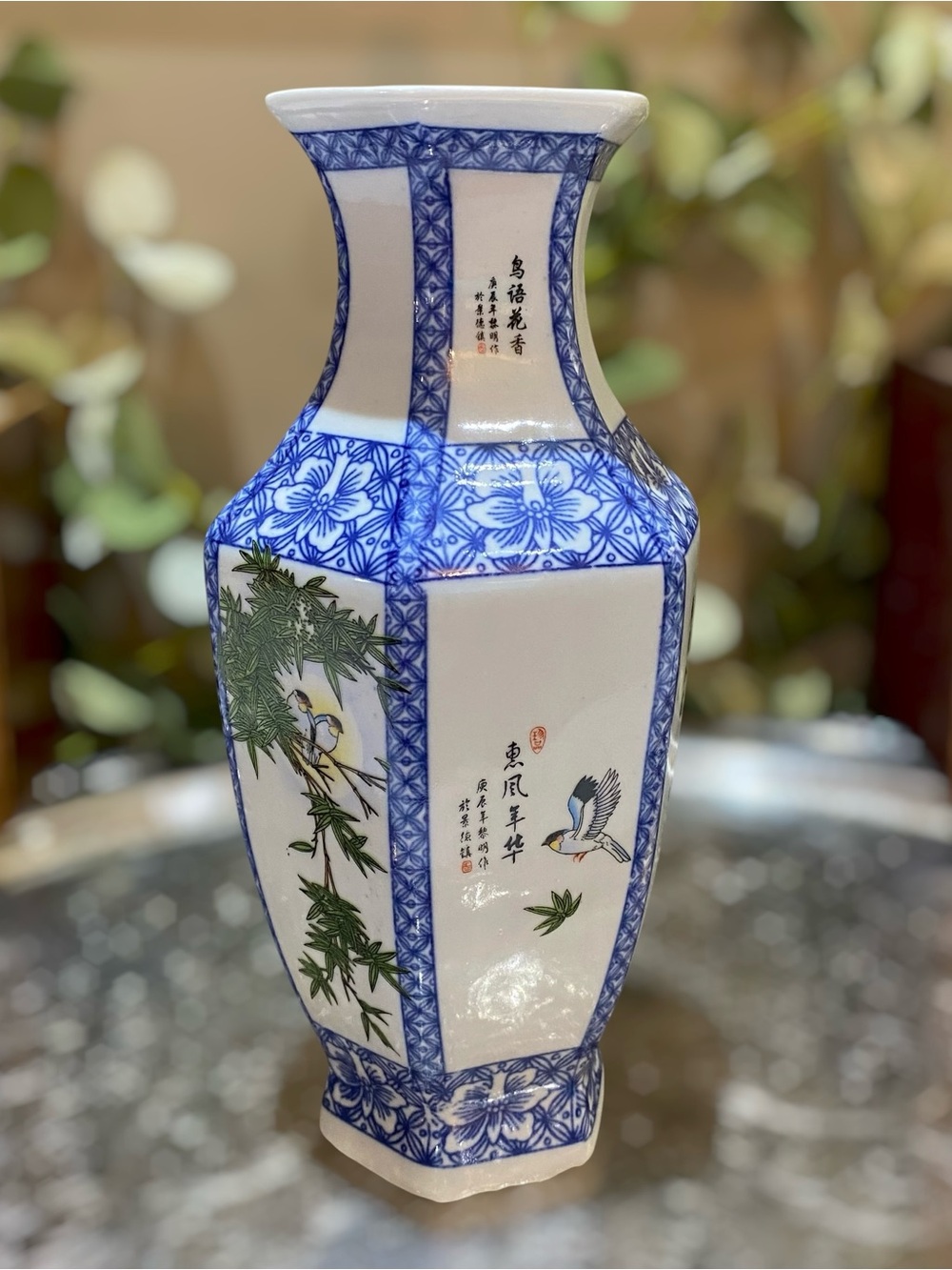 Vintage Chinese Vase Signed Calligraphy Birds Hexagonal Blue White Porcelain - Picture 7 of 10